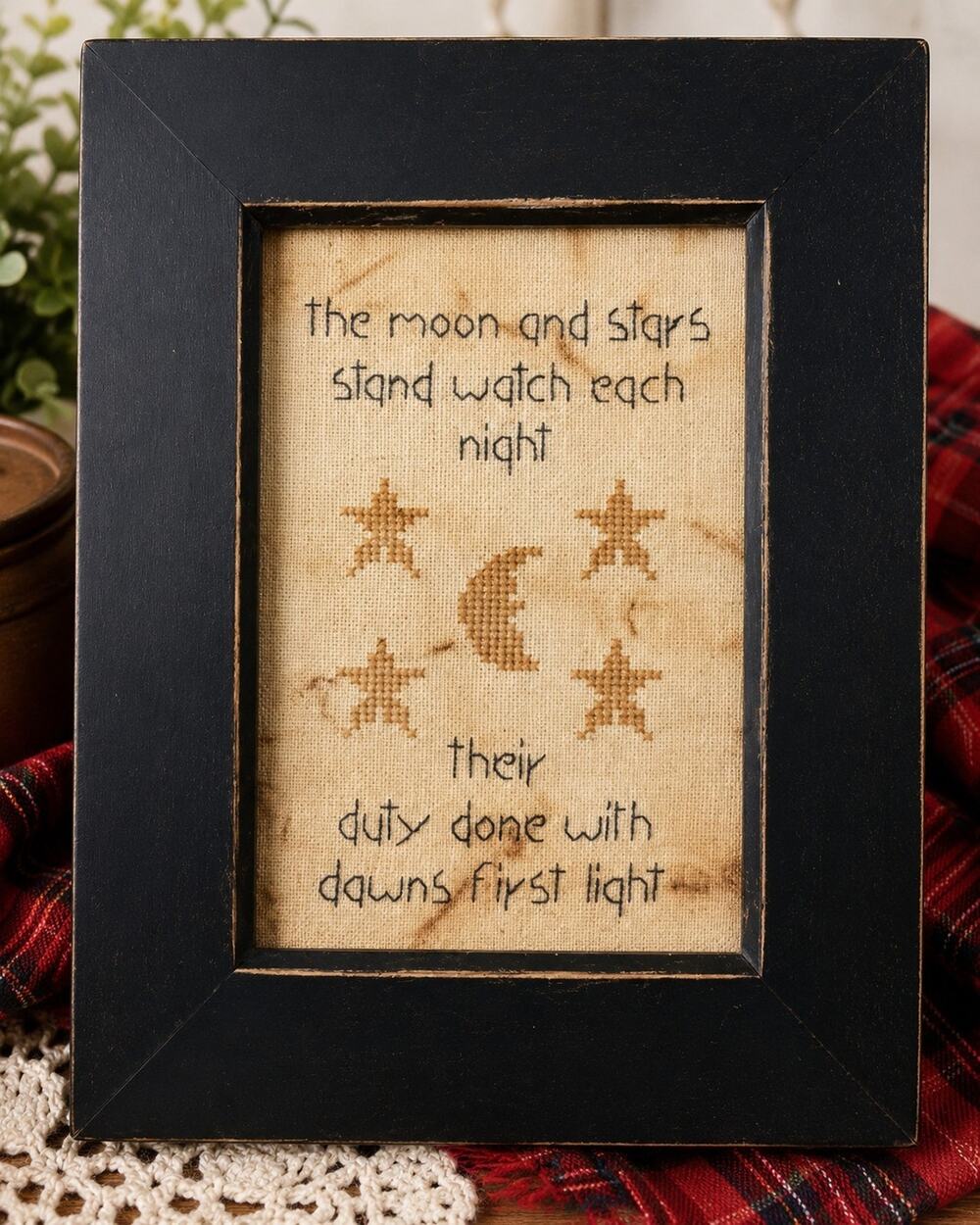 Cozy Collectibles Moon Stars Cross Stitch Framed Primitive Sampler Folk Art
